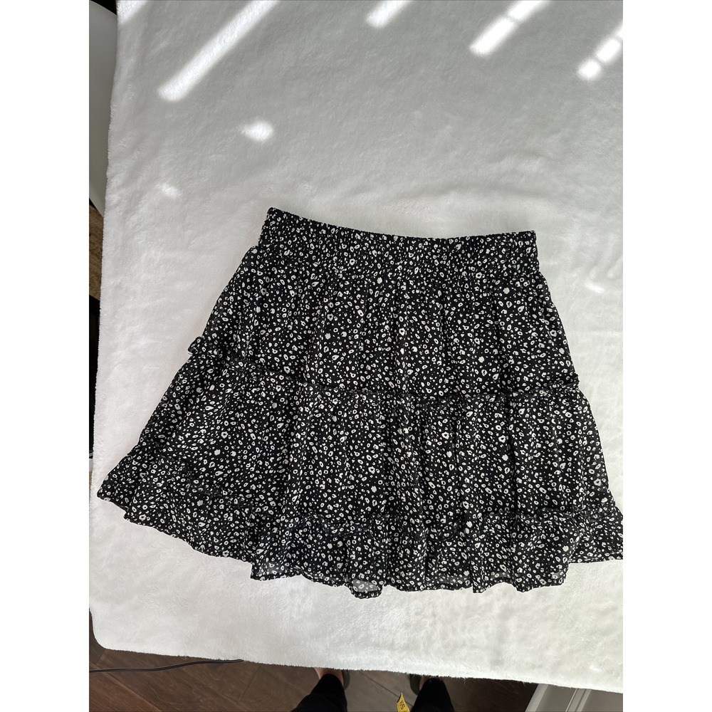 Newbury Kustom Skirt Womens Sz M Black Chiffon Ruffle Tiered Pull On Lepoard